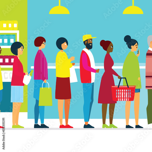 illustration of people queuing to shop in a store