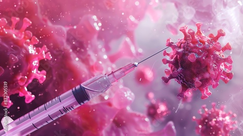 Background of pink color with virus and syringe