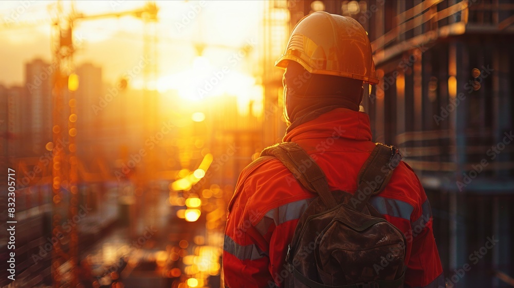 Worker in safety gear overseeing construction of urban development