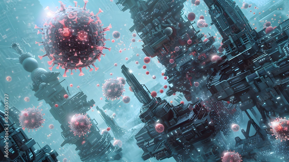 Naklejka premium Immunosenescence visualized as weakened defenses within an industrial fortress, representing the age-related decline in immune function, while researchers engineer innovative vaccines and immunotherap