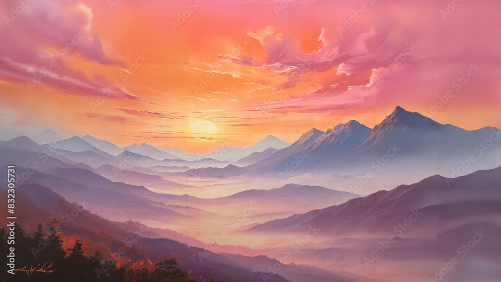 Fototapeta premium sunrise painting the sky with hues of orange and pink over misty mountains in the distance