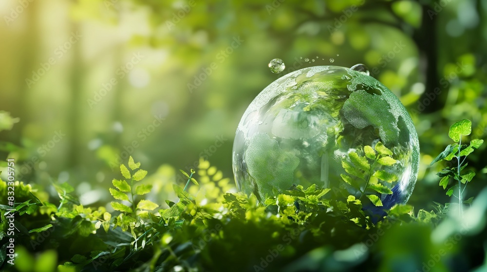 A crystal-clear glass globe surrounded by lush green foliage, representing a pristine Earth, set against a soft, blurred background of a forest to symbolize peace and purity. A crystal-clear glass globe surrounded by lush green foliage, representing a pristine Earth, set against a soft, blurred background of a forest to symbolize peace and purity.