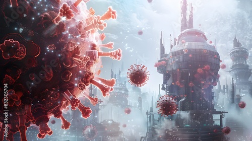 Immunosenescence visualized as weakened defenses within an industrial fortress, representing the age-related decline in immune function, while researchers engineer innovative vaccines and immunotherap photo