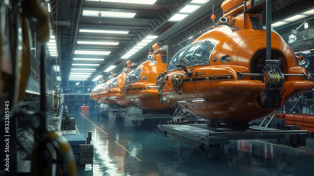 A deep-sea exploration vessel equipped with multiple submersibles, each designed for different types of research activities, shown in a hangar bay ready for deployment.