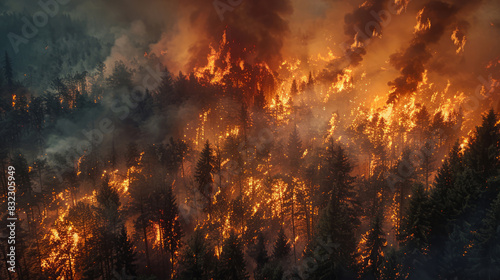 Aerial firefighting efforts to control raging wildfire in dense forest photo