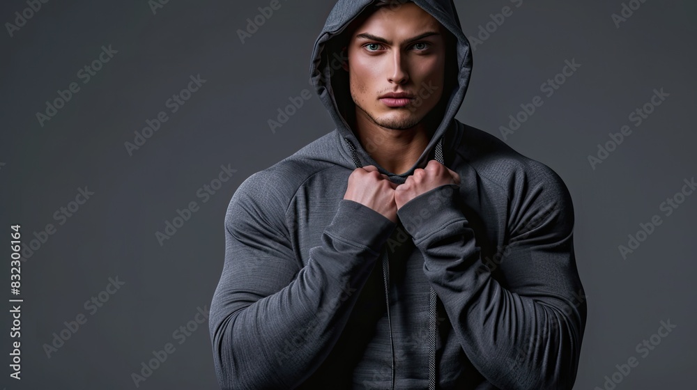Male fitness model in a charcoal gray hoodie posing athletically, isolated on a charcoal gray background