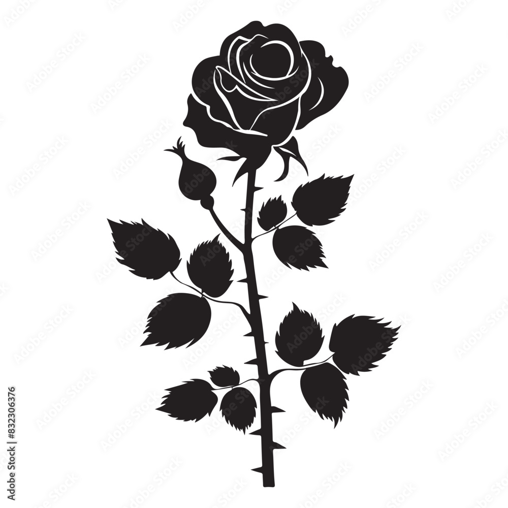 Rose silhouette. Decorative rose with leaves, Rose flower silhouette vector and illustration Rose silhouette. Decorative rose with leaves, Rose flower silhouette vector and illustration