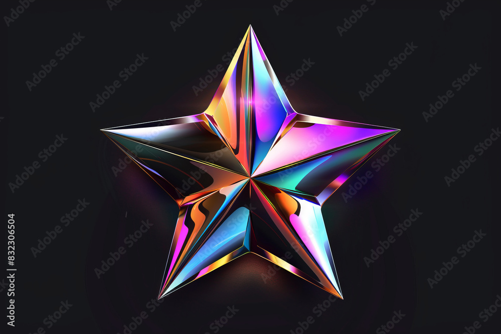 Colorful 3D holographic star with reflective gloss on dark background Colorful 3D holographic star with reflective gloss on dark background