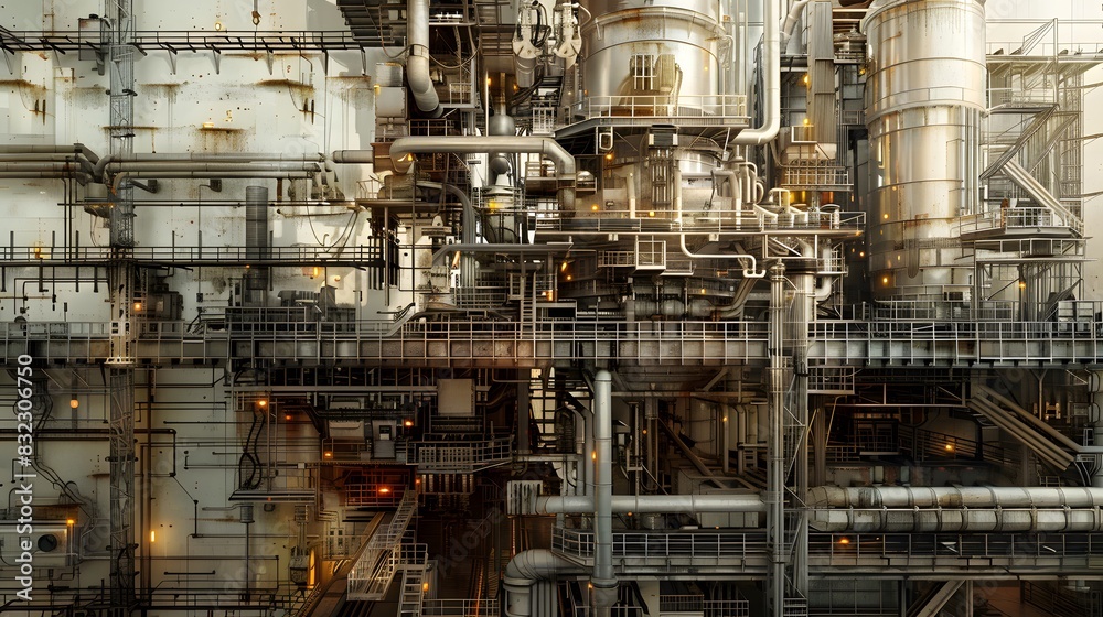 A large industrial building with many pipes and valves. The image has a futuristic feel to it. Scene is industrial and mechanical A large industrial building with many pipes and valves. The image has a futuristic feel to it. Scene is industrial and mechanical