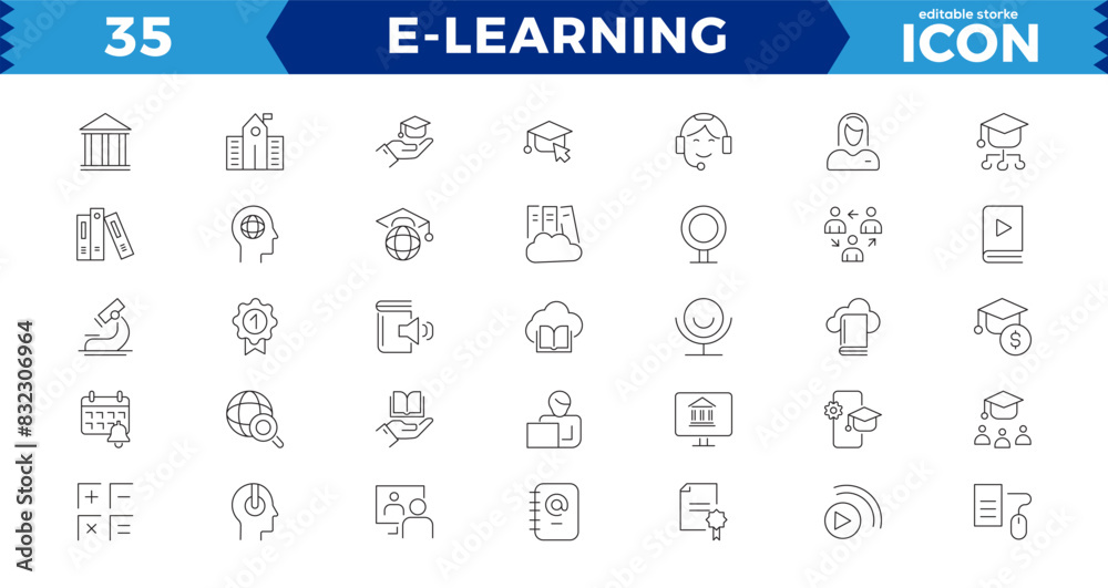 Fototapeta premium E-learning Pixel Perfect Black and White icon set. Online education Elements Outline icon set. Smart Learning. e-learning, E-Learning, Audio Book, zvideo courses, Graduation, Education Platform ideas