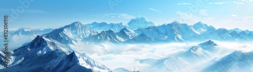 A panoramic view of snow-capped mountain peaks under a clear blue sky with misty clouds in the valley, showcasing the serene beauty of nature.