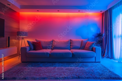 A modern and confortable living room illuminated by led strips