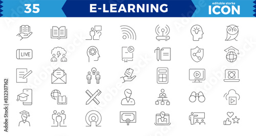 E-learning Pixel Perfect Black and White icon set. Online education Elements Outline icon set. Smart Learning. e-learning, E-Learning, Audio Book, zvideo courses, Graduation, Education Platform ideas photo