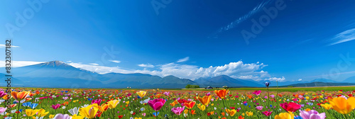 vibrant flower field with colorful blossoms under a clear blue sky with white clouds