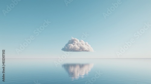 A solitary cloud floating above a calm, reflective ocean under a serene blue sky. Minimalist landscape with peaceful, clear atmosphere. photo