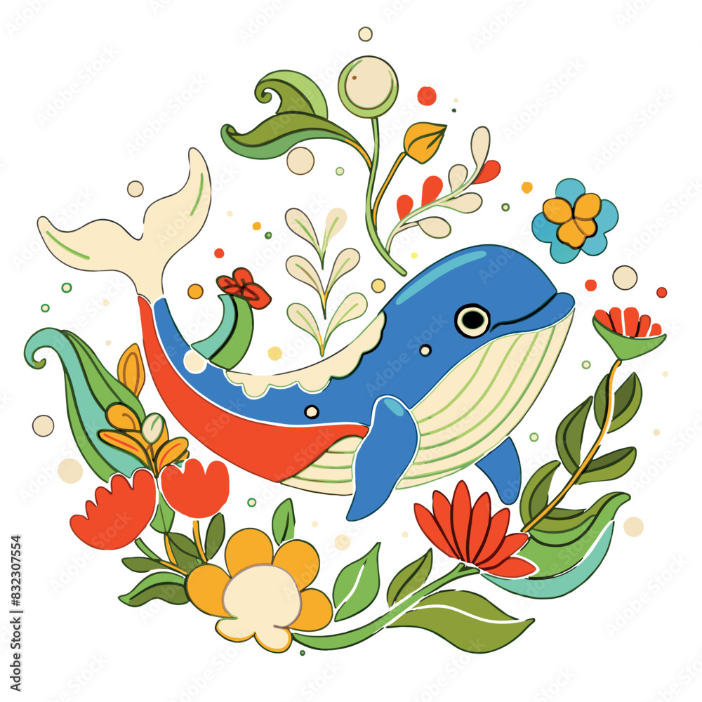 Fototapeta premium Whimsical Ocean Friend Marine Life Illustrations Blue Whale