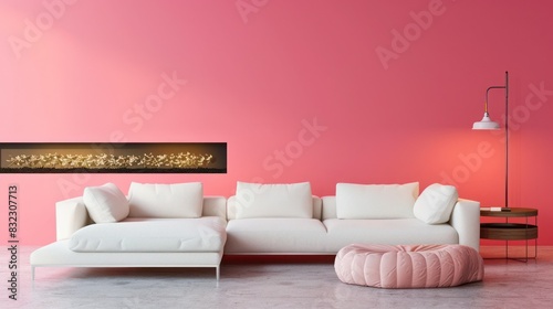 Sofa and pouf against pink wall with fireplace. Minimalist interior design of modern living room  home. 
