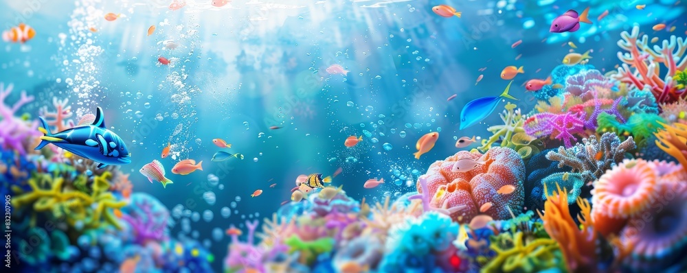 A vibrant underwater scene with colorful coral reefs and various tropical fish illuminated by sunlight streaming through the water.
