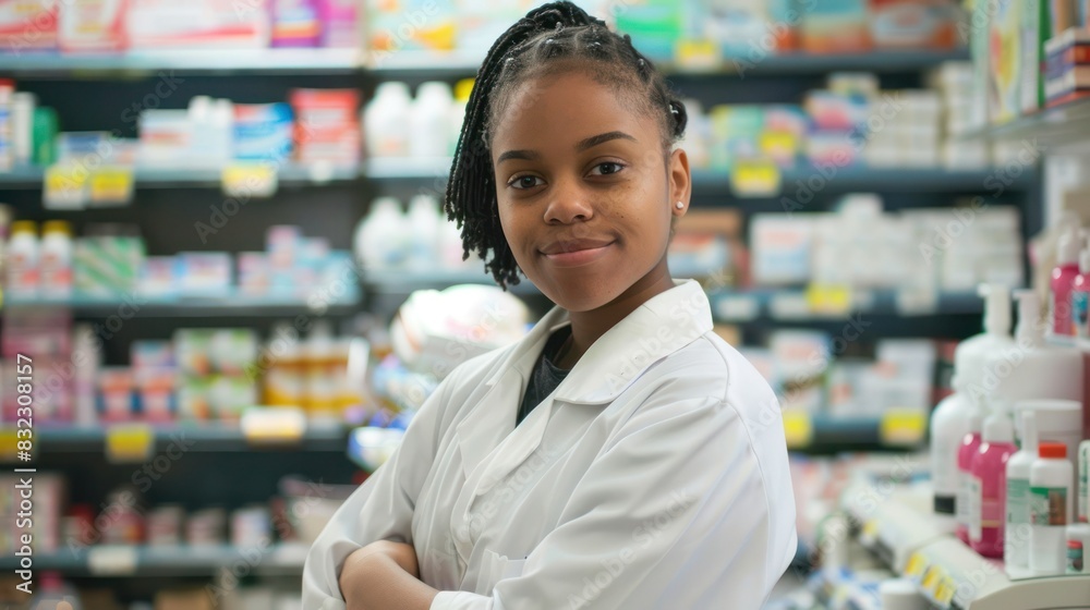 Pharmacy, convenience store attendant posing looking at the camera. Pharmacy, convenience store attendant posing looking at the camera.
