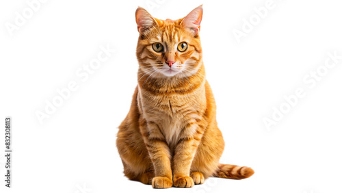 Adorable orange tabby kitten sits isolated on a white background