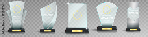 Glass award trophy set. Transparent prize template. Winner first place concept. Vector illustration. Winner glass trophy. First place award, crystal prize and signed acrylic trophies. Glass awarding t