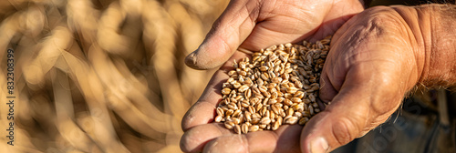 Farmer holding handful of wheat grains,
Man hands with grain on green background
 photo
