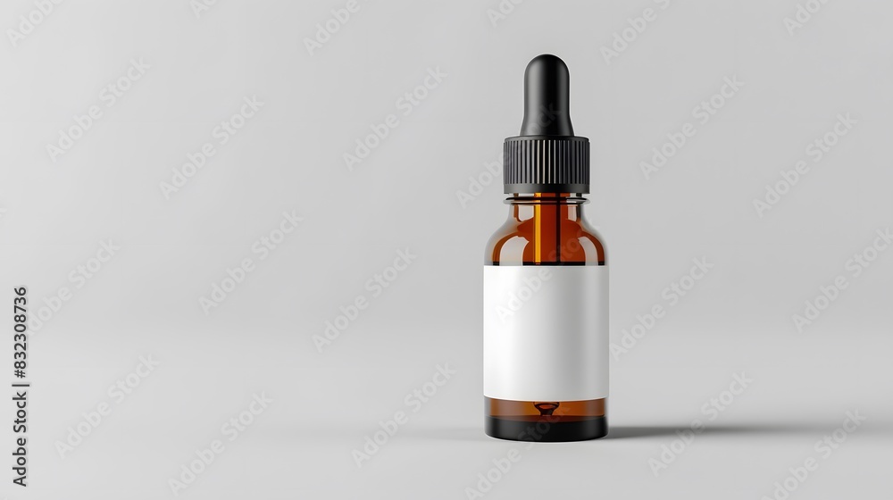 A brown glass dropper bottle with a white blank label on a light grey background, a mockup template for product presentation design. A brown glass dropper bottle with a white blank label on a light grey background, a mockup template for product presentation design.