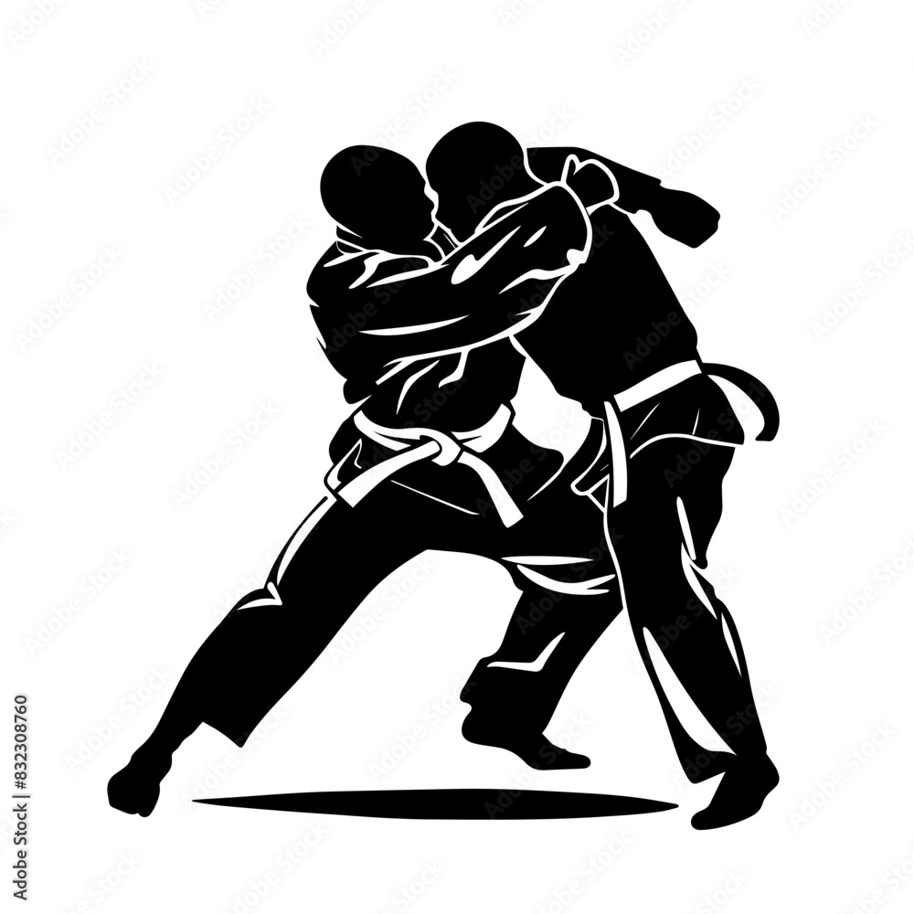 Judo sparring vector black isolated silhouette of man. Judo sport ...