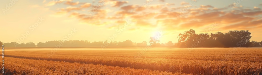 Beautiful sunrise over a golden wheat field, casting warm light and creating a serene rural landscape with golden hues and scenic countryside.