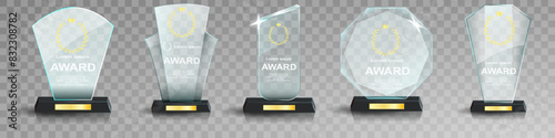Glass award trophy set. Transparent prize template. Winner first place concept. Vector illustration. Winner glass trophy. First place award, crystal prize and signed acrylic trophies. Glass awarding t