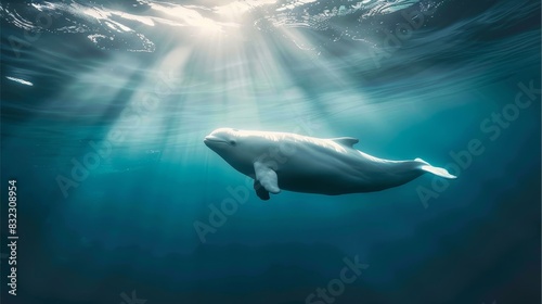 Beluga whale swimming in clear blue ocean with sun rays filtering through the water.