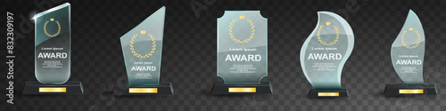 Glass award trophy set. Transparent prize template. Winner first place concept. Vector illustration. Winner glass trophy. First place award, crystal prize and signed acrylic trophies. Glass awarding t