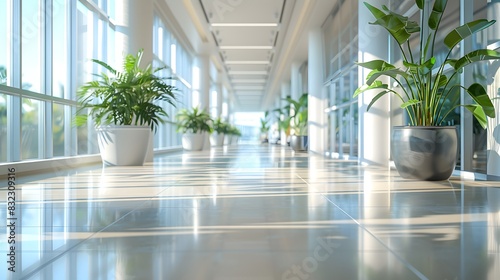 A clean  modern hospital hall with large windows and potted plants adding life to the space. creating an atmosphere that suggests high-quality healthcare services.