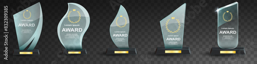 Glass award trophy set. Transparent prize template. Winner first place concept. Vector illustration. Winner glass trophy. First place award, crystal prize and signed acrylic trophies. Glass awarding t