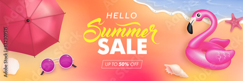 Summer sale flyer, billboard or web banner design template with 3d sunglasses, flamingo, umbrella and sea waves on colorful background. Vector illustration