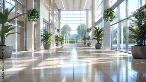 A clean  modern hospital hall with large windows and potted plants adding life to the space. creating an atmosphere that suggests high-quality healthcare services.
