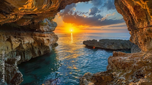 Breathtaking sunset scenery of coastal caverns in Cyprus, displaying a tranquil Mediterranean vista. © ckybe