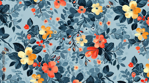 Seamless floral pattern with colorful flowers on blue background