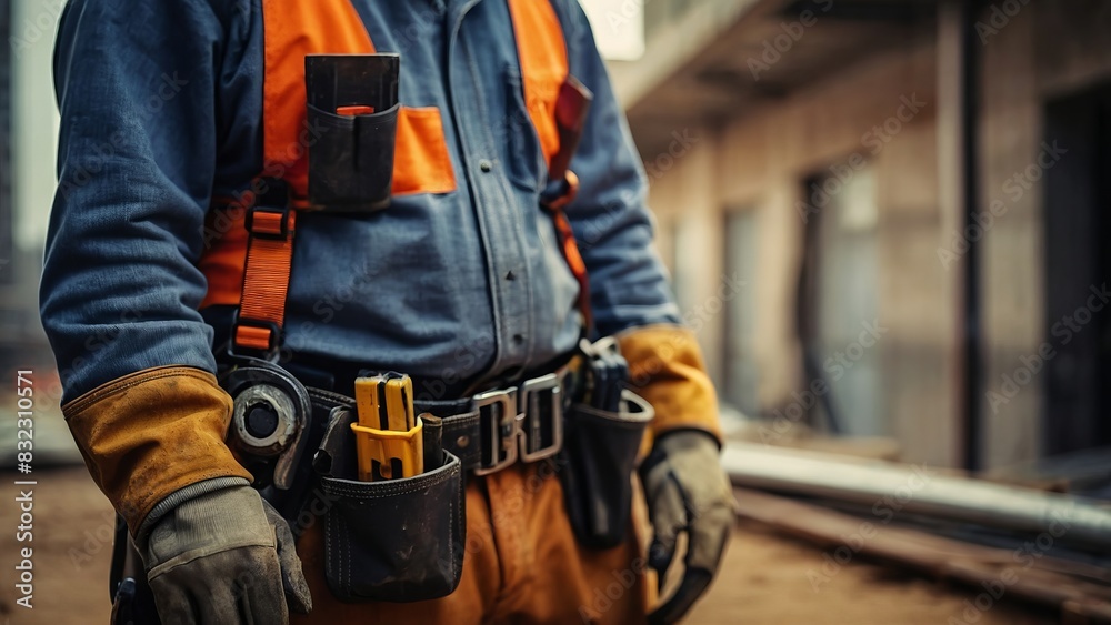 Worker at construction site, belt with tools, concept of labor day. Worker at construction site, belt with tools, concept of labor day.