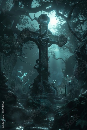 Ornate Cross in Misty Old Graveyard 