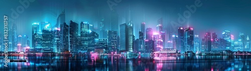 Futuristic cityscape at night with neon lights reflecting on water, showcasing modern skyscrapers and a vibrant urban skyline.