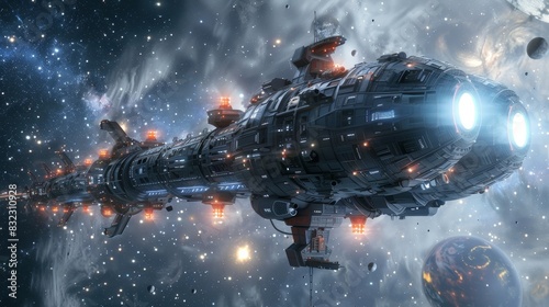 Futuristic space battleship traveling through a galaxy, surrounded by stars and planets, displaying advanced technology and vibrant lights. photo