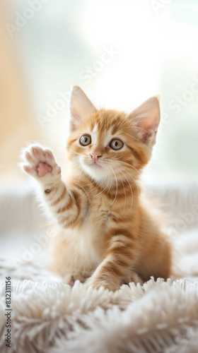 Playful Orange Kitten Sitting in a Mischievous Pose on a Soft White Blanket with a Curious Expression © AIRina