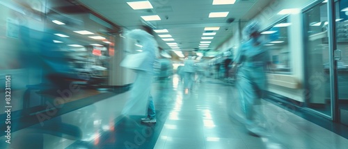 A motion blurred photograph of a hospital interior, doctor and staff working with fast movement