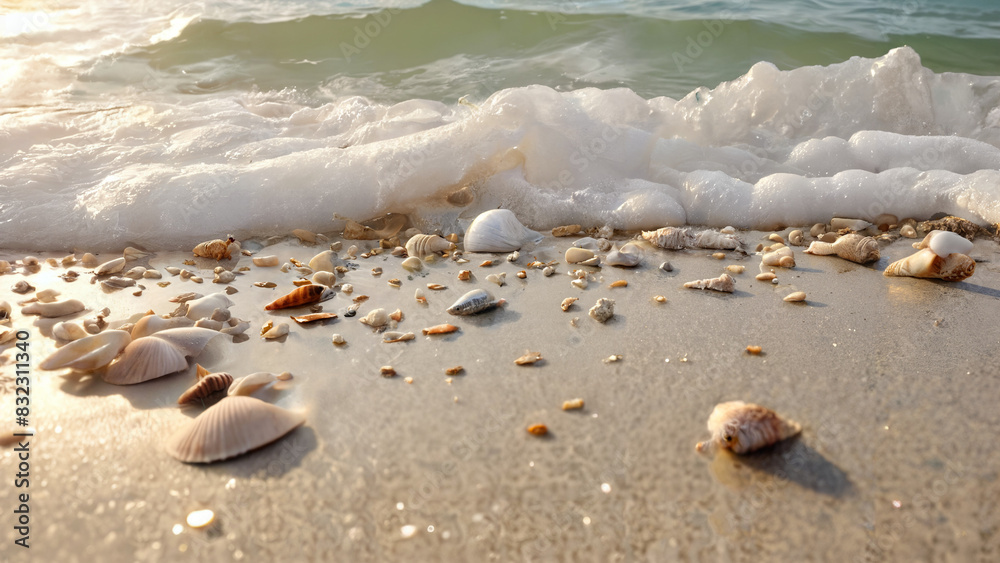 Soothing waves gently lapping at a sandy beach, with seashells scattered along the shoreline Soothing waves gently lapping at a sandy beach, with seashells scattered along the shoreline