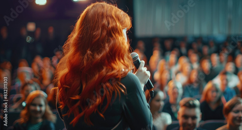 A smiling ginger business woman is standing in front of an audience holding a microphone. She is wearing a dark blue suit jacket and white shirt. People are sitting behind her on the stage watching photo
