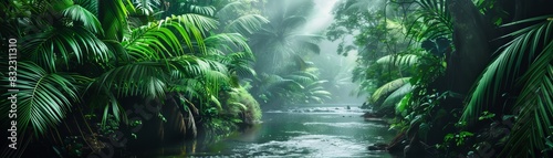 Lush tropical rainforest with a serene river flowing through  surrounded by dense green foliage and dappled sunlight.