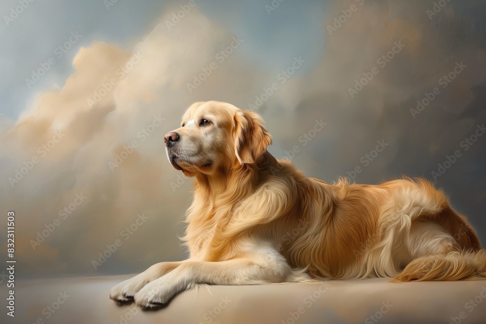 Obraz premium In a studio photo, a friendly golden retriever dog is captured pulling a funny face, radiating charm and playfulness. This portrait perfectly captures the lovable and humorous nature of the dog. 