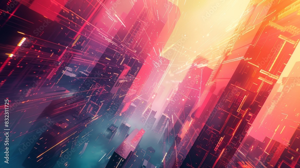 Fototapeta premium Create a cybernetic landscape merging geometric shapes with cyberspace elements