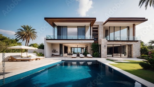 Modern stylish villa with a swimming pool in the courtyard.